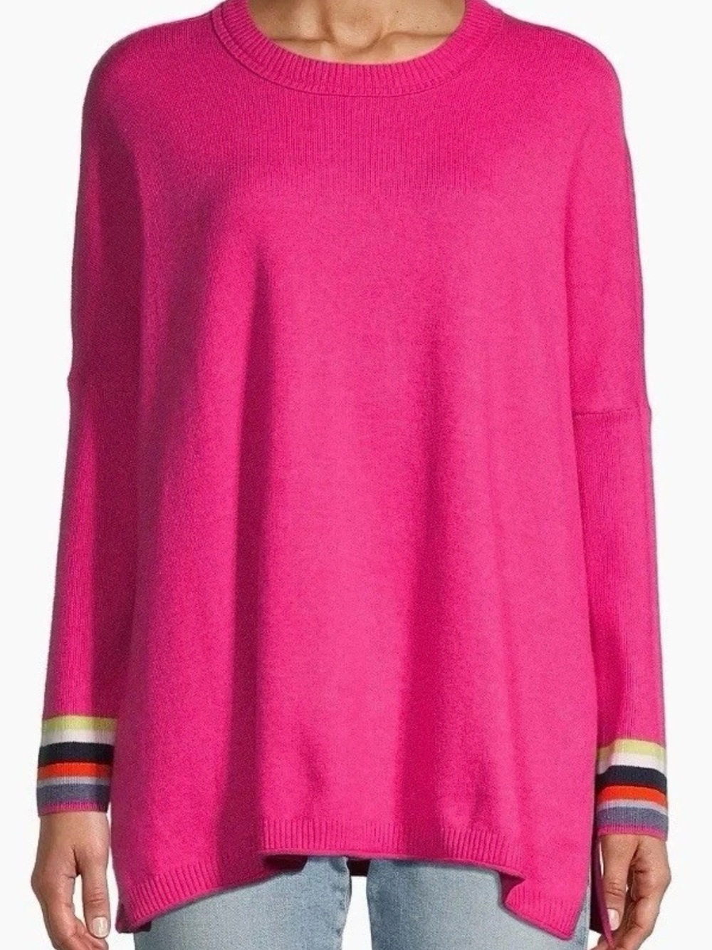 Nic + Zoe Active Cool Down Shocking Pink Oversized Knit Sweater Multi Stripe S
